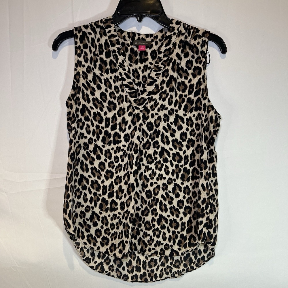 Vince Camuto Brown Black Leopard Animal‎ Print V-neck Blouse Size XS